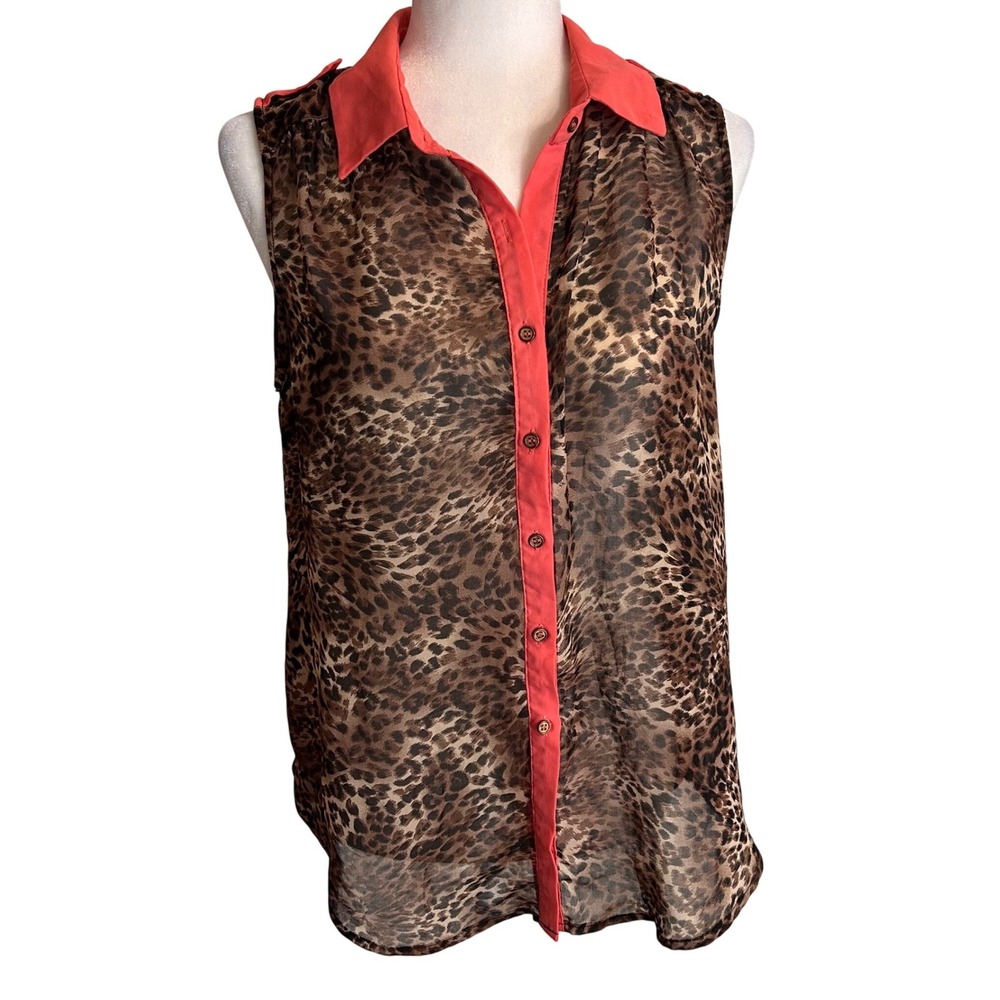 Moon Collection Womens Leopard Print Sleeveless Chiffon Blouse Coral Trim Medium